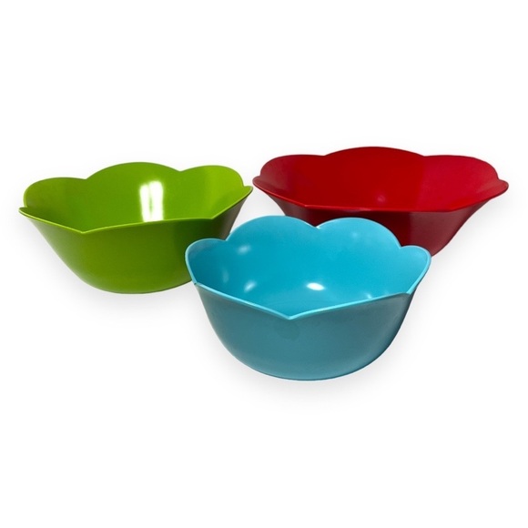 Melamine 3 Pc Serving Bowl Set Blue Red Green Scalloped Edge Party Event Holiday - Picture 3 of 7